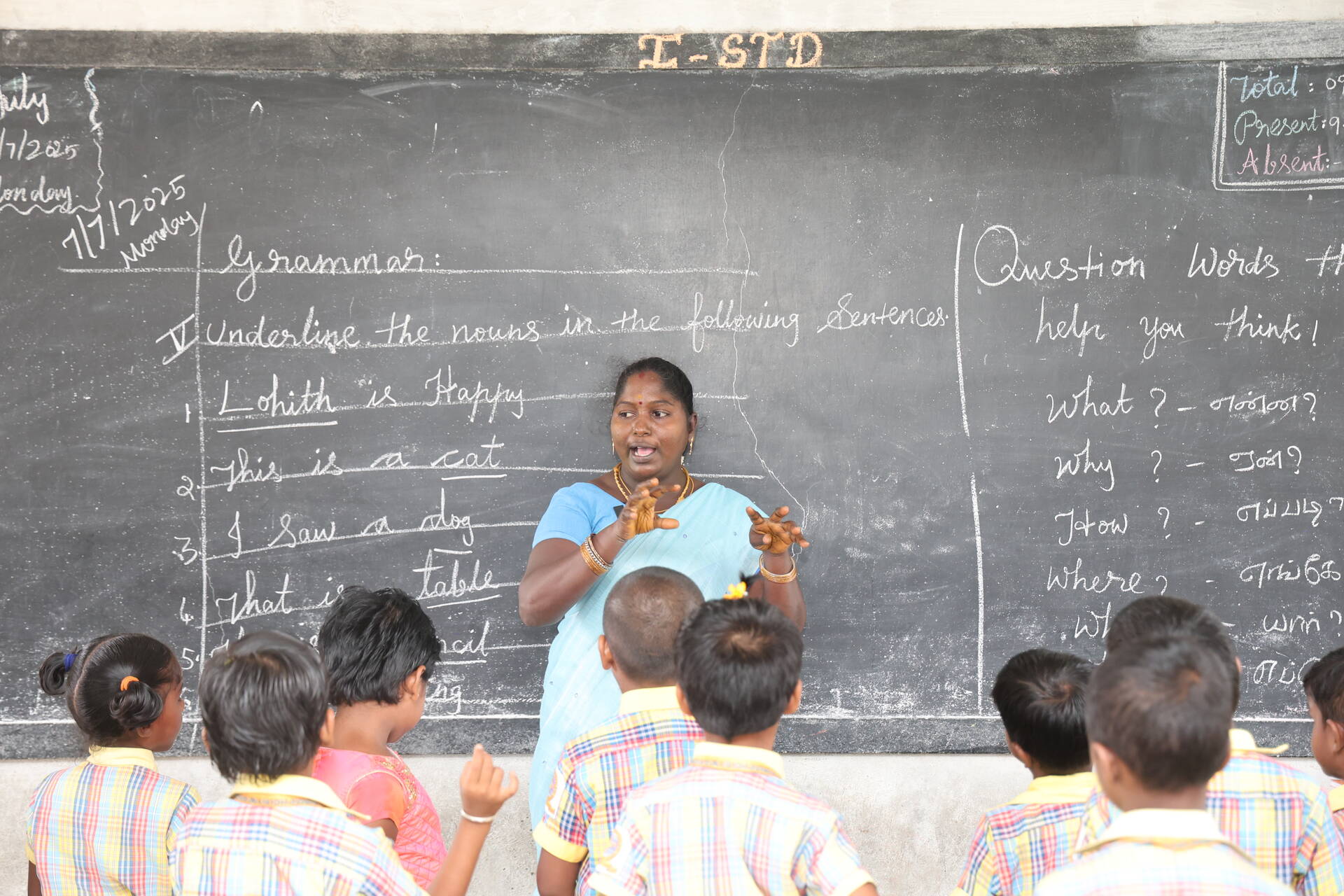 An interactive lesson at Bharath Vidayalaya with learners and their teacher. 